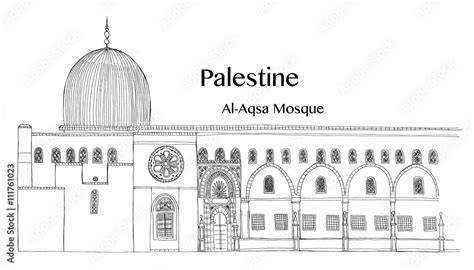 Hand drawn architecture sketch of Jerusalem Al-Aqsa Mosque in Old City with lettering Palestine ...