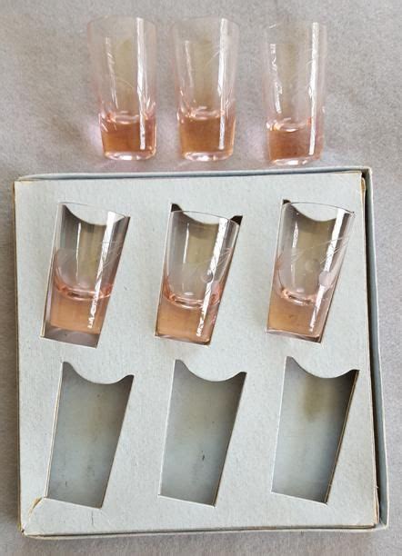 1950s Pink Crystal Shot Glasses Etched Barware Mint in Box Japan ...