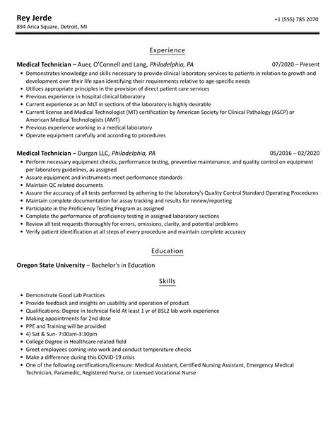 Medical Technician Resume Samples | Velvet Jobs