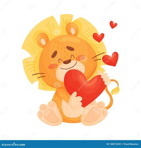 Cartoon Lion Cub in Love Sitting. Vector Illustration on a White ...