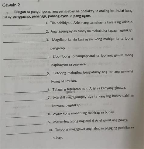 bilugan ang pang-abay at isulat kung ito ay panggaano, panang-ayon, o ...