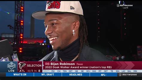 Bijan Robinson reacts to being selected by the Atlanta Falcons in Round ...