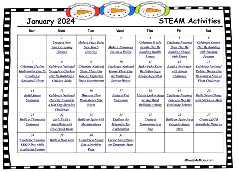 January STEAM Activities Calendar 2024 - JDaniel4s Mom