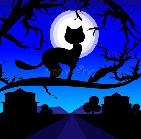 Vector Lonely Cat on a Tree Against the Night Sky Stock Illustration - Illustration of moon ...