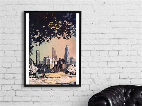 Watercolor painting of downtown Raleigh, NC skyline at dawn- Raleigh ...