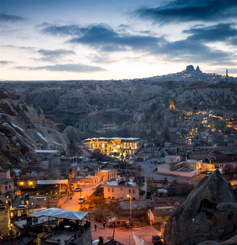 Night Scene of the Uchisar Castle in Cappadocia. Illuminated View of Famous Uchisar Village ...