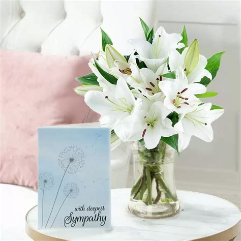 Casablanca Lily bouquet, Vase & Sympathy Card - White Lilies