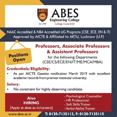 ABES Engineering College, Uttar Pradesh Wanted Professor/Associate ...