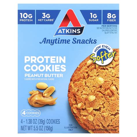 Atkins, Anytime Snacks, Protein Cookies, Peanut Butter, 4 Cookies, 1.38 ...