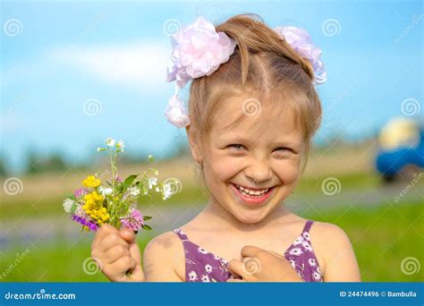 Happy Smiling Girl with Flowers Stock Photo - Image of bright, natural ...