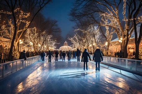 Premium AI Image | People walking and skating on Christmas ice rink at night park with lights ...