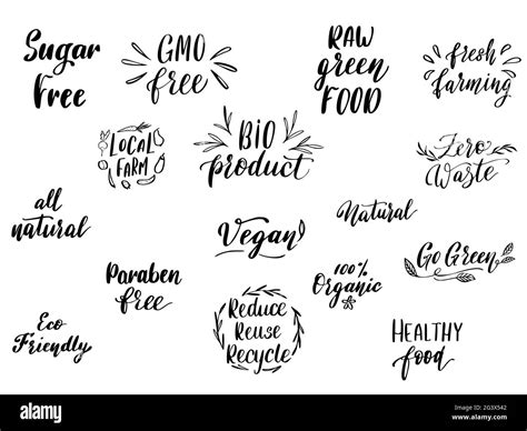 Healthy Organic Food Hand drawn Lettering. Eco Vegan Label or Badge. Vector Illustration Stock ...