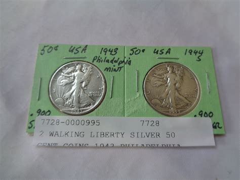 2 WALKING LIBERTY SILVER 50 CENT COINS 1943 PHILADELPHIA MINT 1944S SAN ...