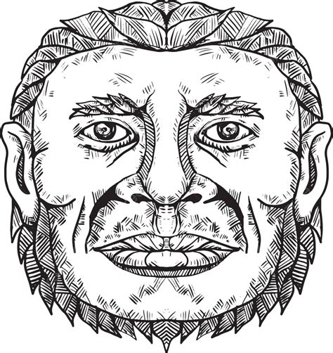 Neanderthal Male Head Doodle Art Black And White Playful Mono Line ...