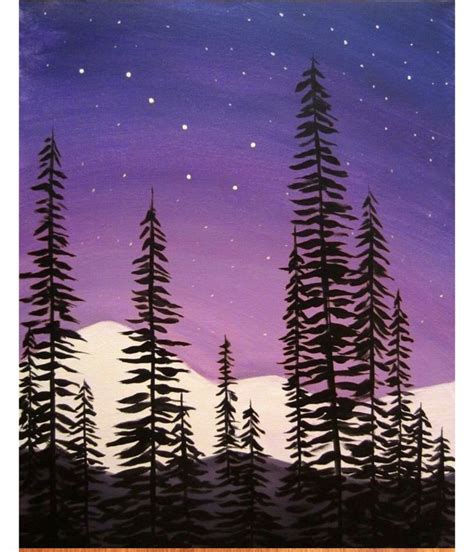 Night sky pine trees beginner painting | Beginner painting, Simple acrylic paintings, Night painting