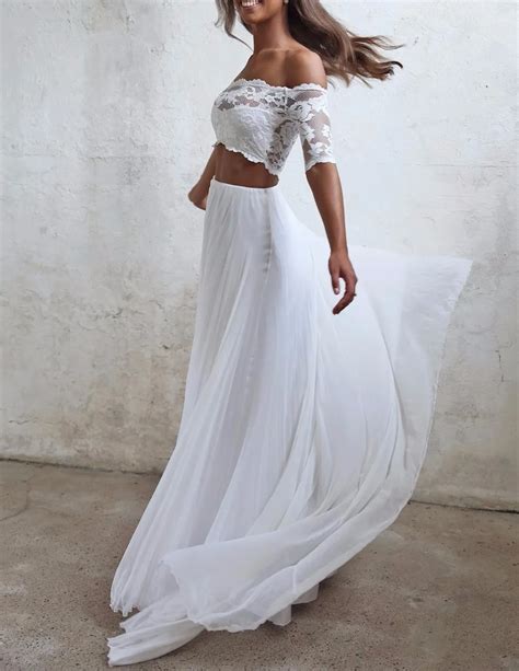 Seductive Lace 2 Two Piece Wedding Dresses Summer Chiffon Beach Wedding ...