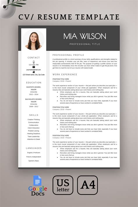 $ 4.79Google Docs Resume Template, CV template with photo, Creative Resume Template, Modern ...