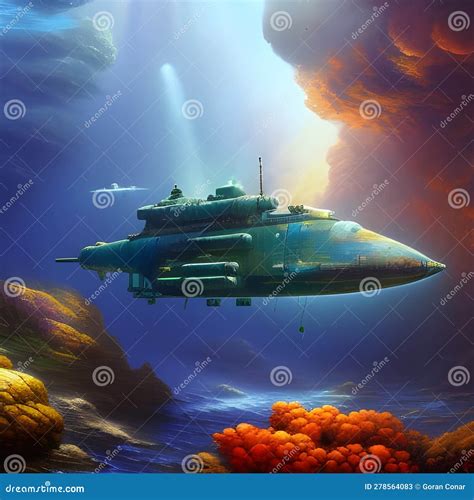 Submarine in a deep sea stock illustration. Illustration of deep ...