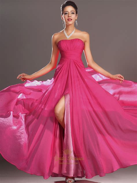 Hot Pink Strapless Chiffon Side Split Prom Dresses With Pleated Bodice ...