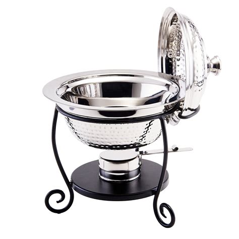 10" x 10½" x 12" Round Hammered Stainless Steel Chafing Dish w/ Black Iron Stand, 1¾ Qt ...