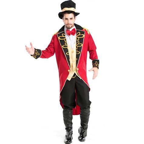 Adult Men Halloween Red Vampire Magician Costume Red Circus Trench Jacket Victoria Vintage ...