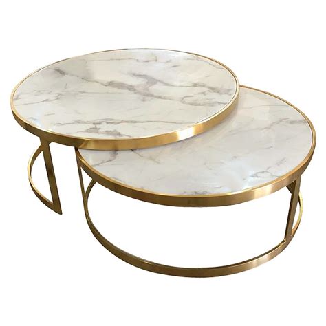 Mirabello 2 Piece Faux Marble Topped Metal Round Nesting Coffee Table Set, White / Gold
