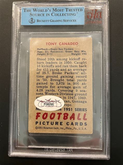 Tony Canadeo signed 1951 Bowmen Card Packers Football Hall of Fame JSA ...