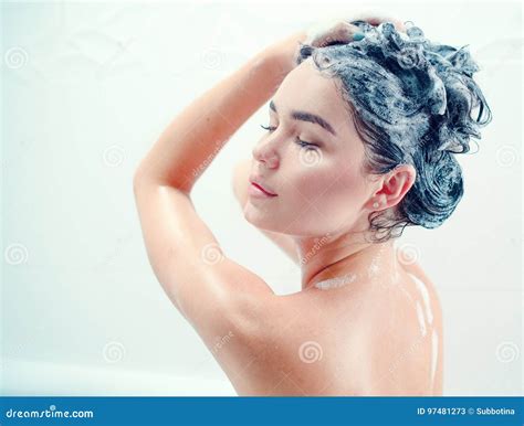 Beauty Model Girl Washing Her Long Black Hair with a Shampoo Stock Image - Image of bathing ...