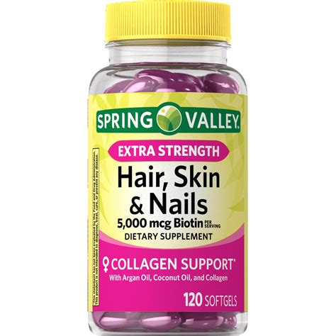 Spring Valley Extra Strength Hair, Skin, & Nails Collagen Support Softgels, 5000 mcg Biotin, 120 ...