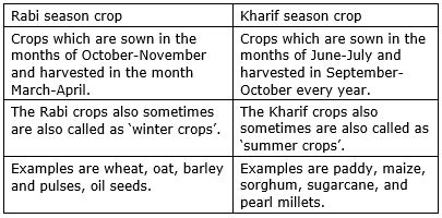 Differentiate between (a) Rabi season crop and Kharif season crop. (b) Harvesting and threshing.