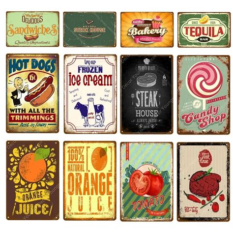 Retro Delicious Food Vintage Wall Art Sandwiches Hot Dogs Bakery Metal Signs Steak House Candy ...