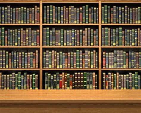 Table on background of bookshelf full of books . Old library. | Stock ...