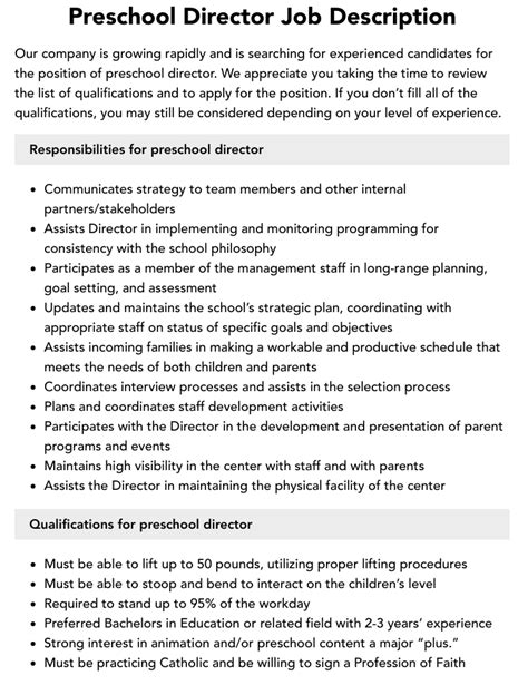 Preschool Director Job Description | Velvet Jobs