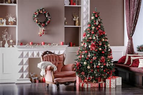 Premium Photo | Image of chimney and decorated christmas tree with gift