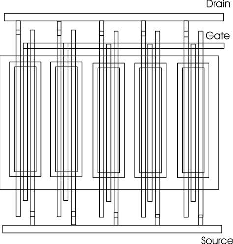 Layout of NMOS transistor. Five NMOS transistors are connected in ...