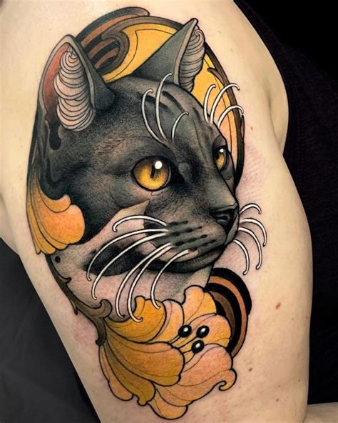 Neo Traditional Cat Portrait Tattoo by Krish Trece