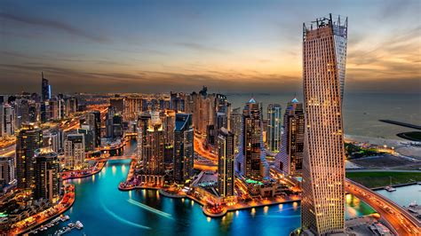 Dubai, skyscrapers, night view, city, photography, sea, sky, skyline ...