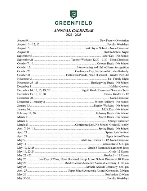 Annual Calendar – About – Greenfield School