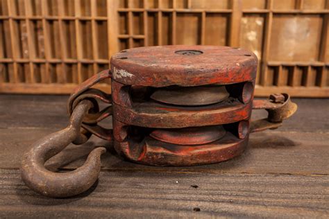 Vintage Large Double Wooden Red Pulley Rustic Primitive Barn Pulley ...