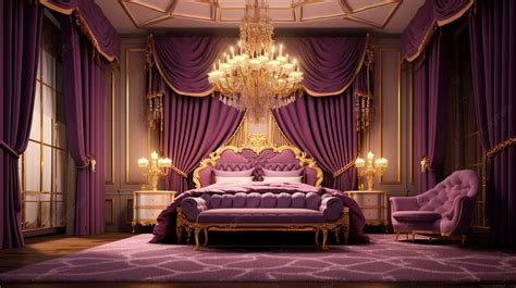 3d Illustration Of Lavish Purple Toned Bedroom With Ornate Golden Furniture Four Poster Bed And ...