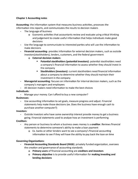 Chapter 1 Accounting I notes - Chapter 1 Accounting notes Accounting: the information system ...