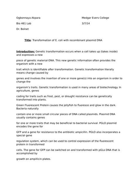 (PDF) Title: Transformation of E. coli with recombinant plasmid DNA by Ogbonnaya Akpara