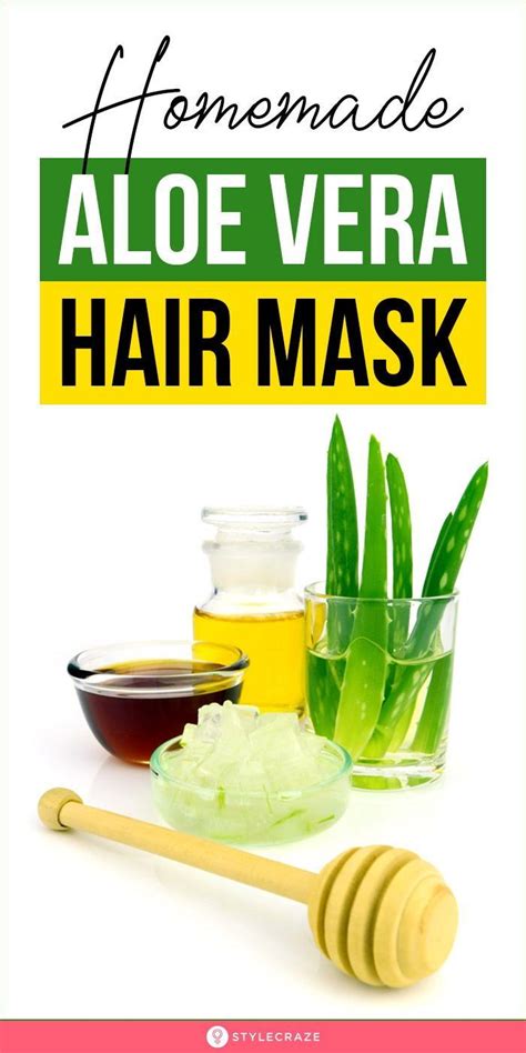 aloe vera hair mask with aloe vera leaves and honey on the side, text ...