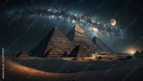 Night view of the Pyramids of Giza and the Milky Way. Generative AI ...
