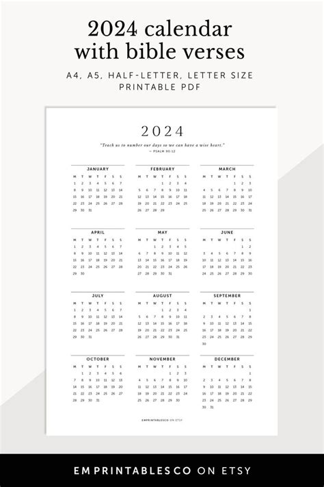 2024 Calendar With Bible Verses 2024 Christian Calendar 2024 - Etsy Singapore | Printable bible ...