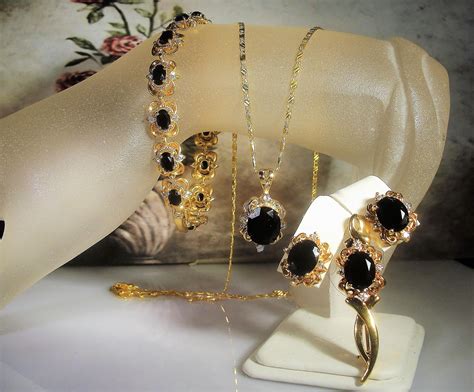 Black Onyx Jewelry Set, Faux Onyx and Rhinestone Jewelry Set, Onyx Necklace, Onyx Brooch, Onyx ...