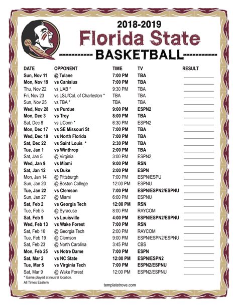 Printable 2018-2019 Florida State Seminoles Basketball Schedule