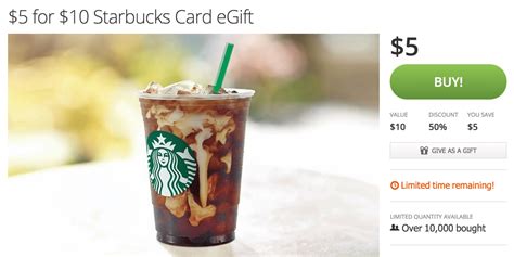 Get 50% off at Starbucks: $10 gift card for $5 w/ email delivery