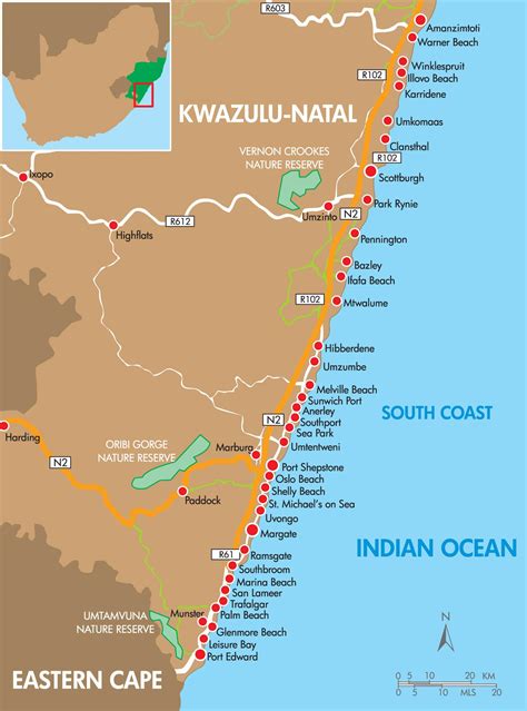 Map of towns along the Kwazulu Natal South Coast - up to the Port Edward & the Eastern Cape's ...