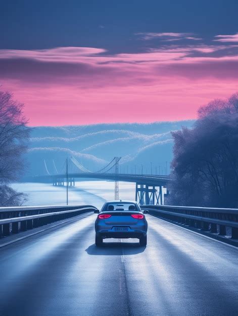 Premium AI Image | a car driving on a highway at sunset